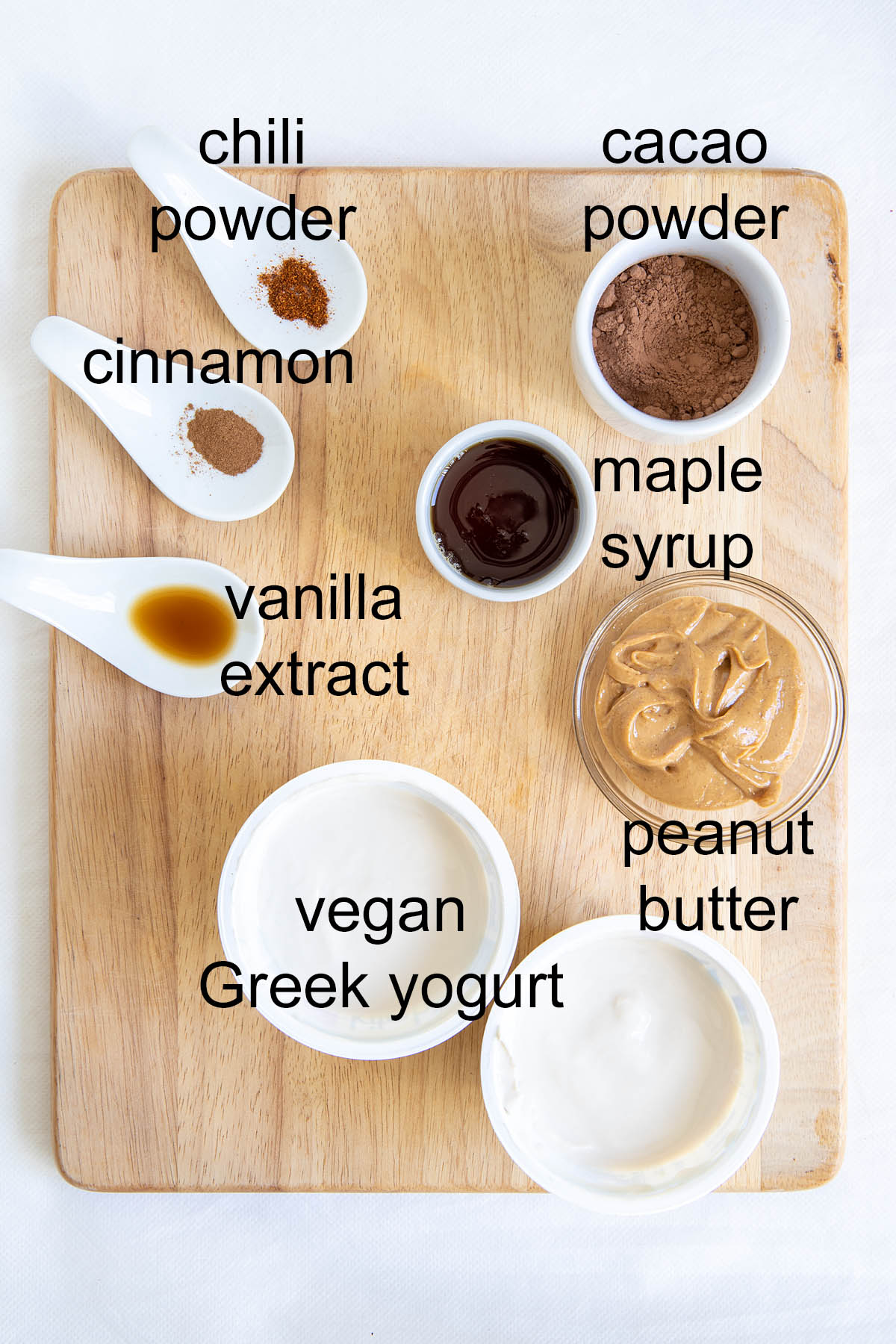 Ingredients for dessert dip with labels.
