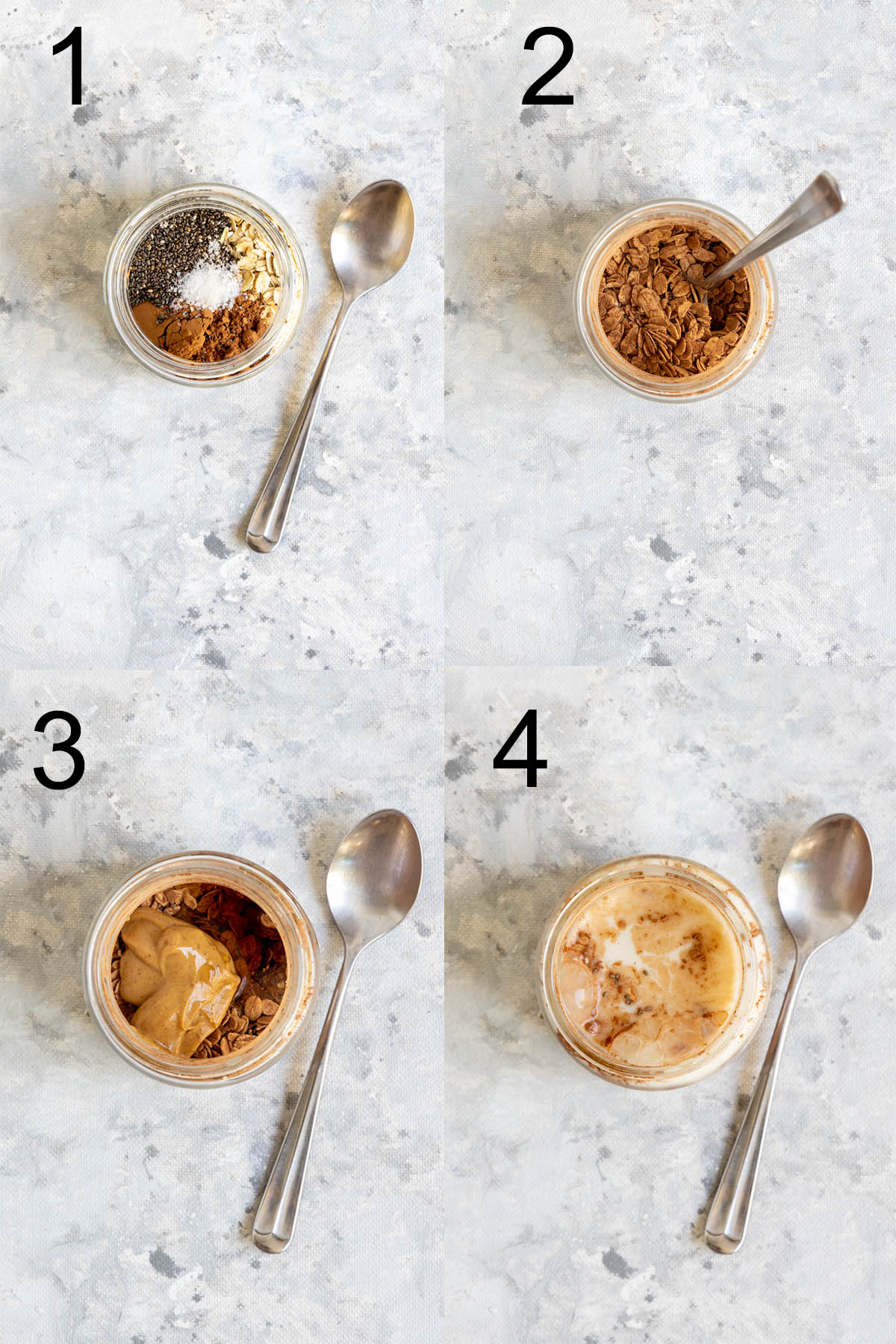 Steps for making overnight oats in order.