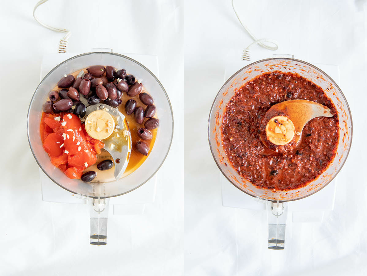 Red Pepper Tapenade in food processor before and after mixing.
