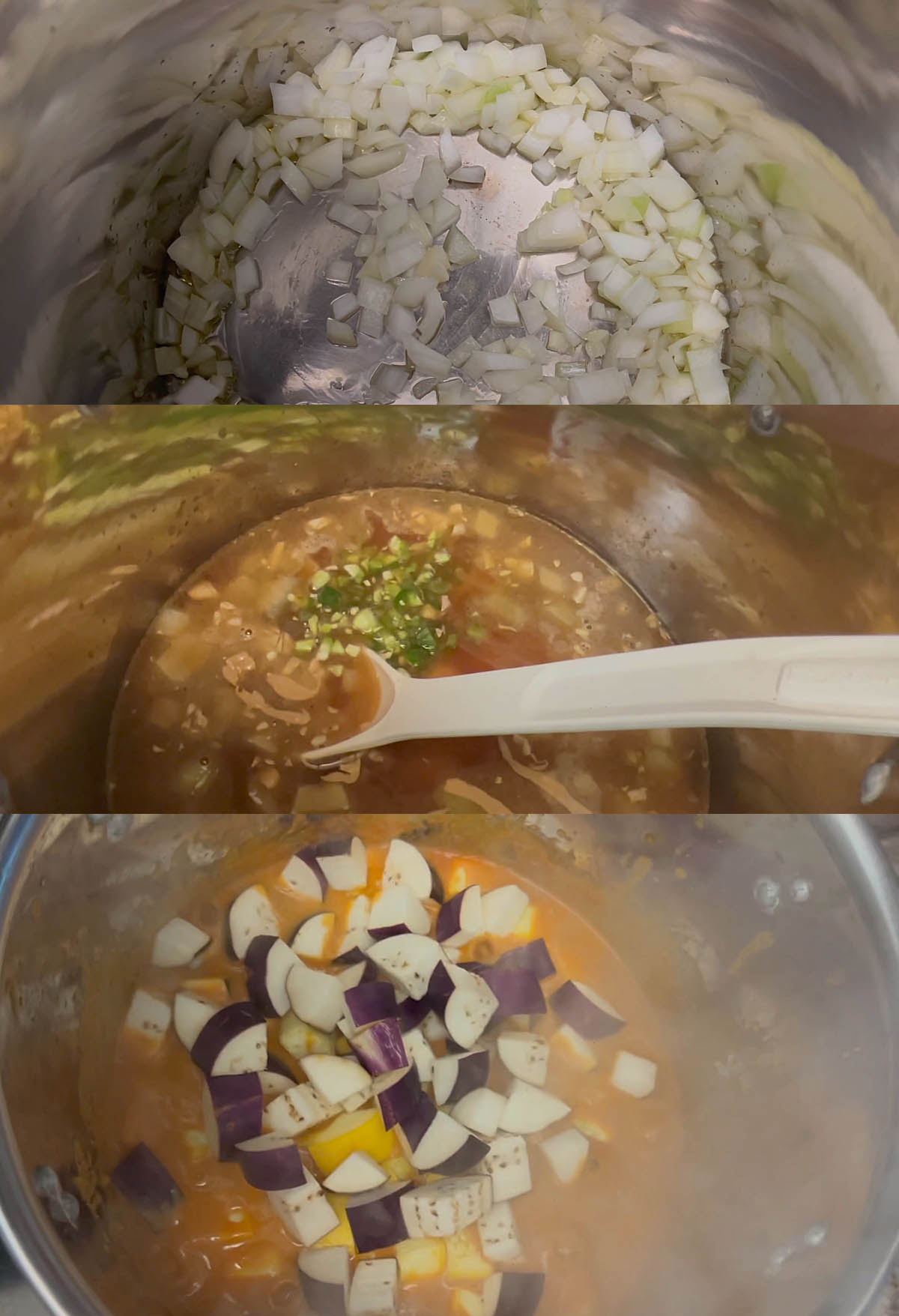 Stages of stew being made in pot.