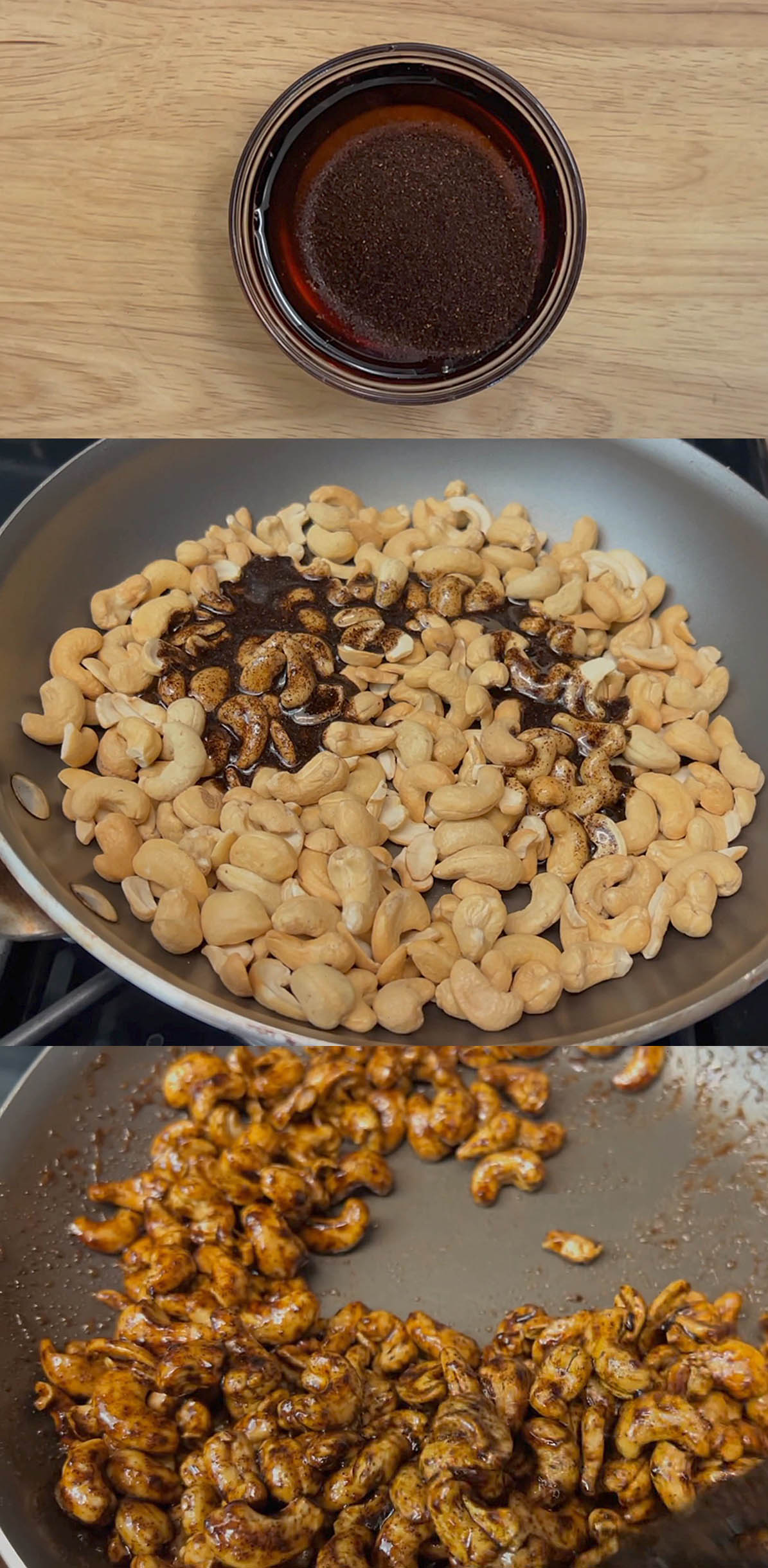 Maple syrup mixed with chipotle powder, cashews in a pan with mixture before and after cooking.