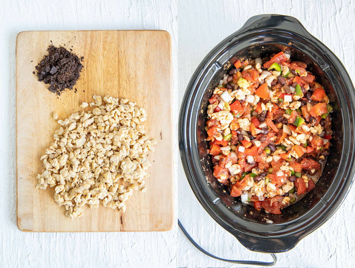 Chopped chocolate and crumbled tempeh on cutting board. Ingredients in slow cooker before cooking.