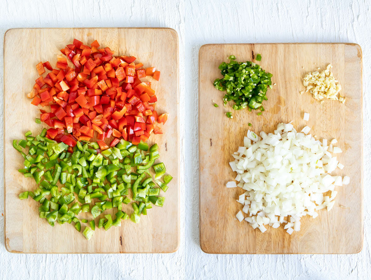 Chopped veggies on cutting board.