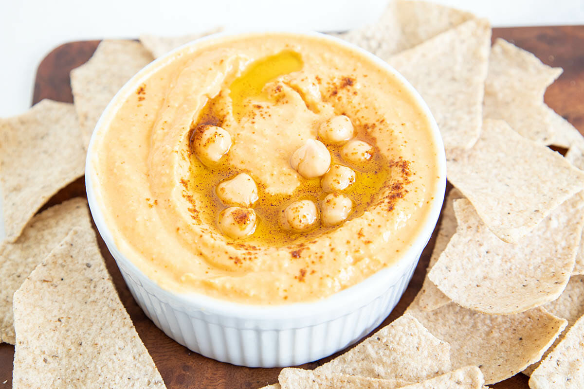 Sriracha Hummus with tortilla chips.