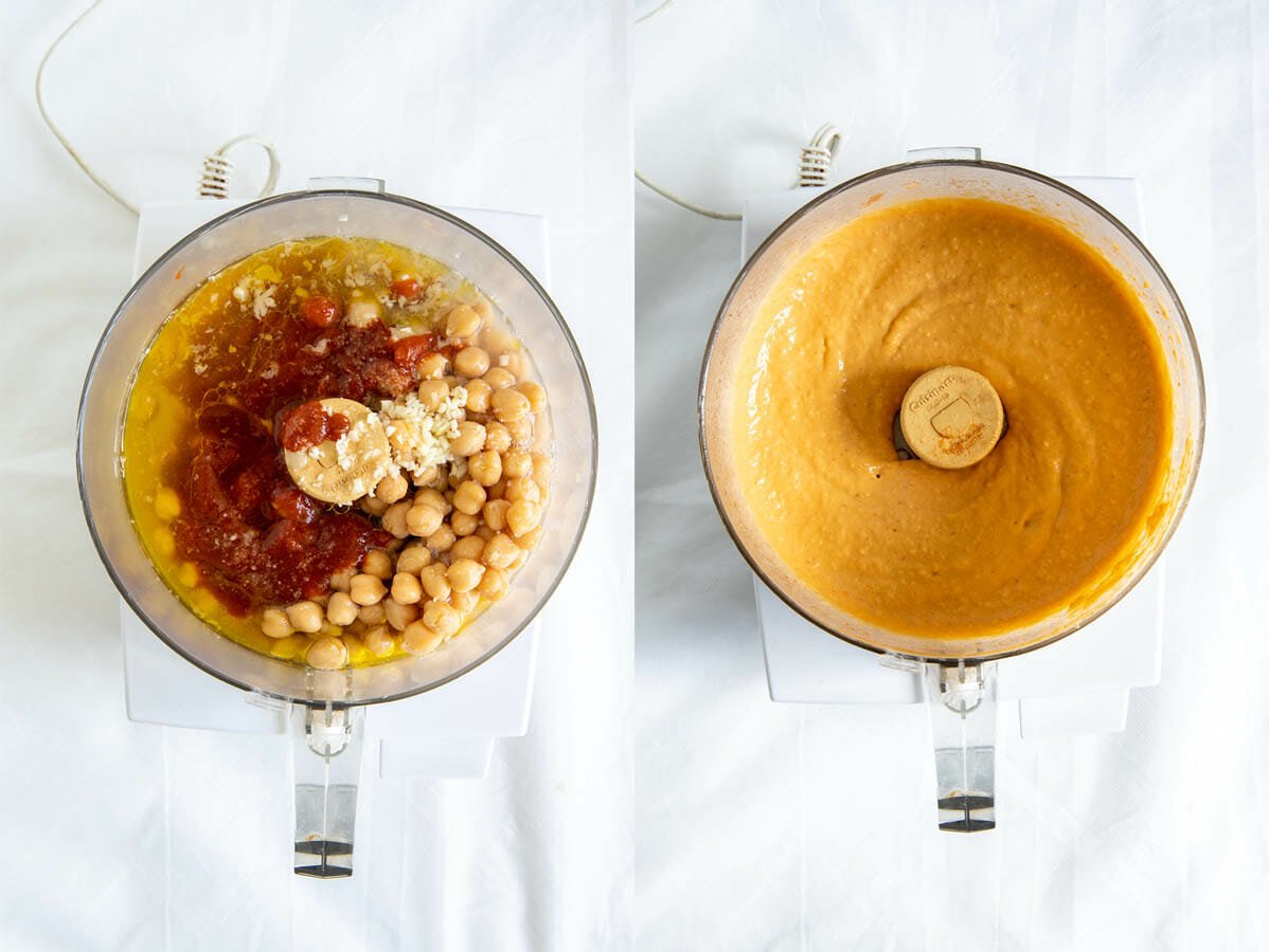 Hummus ingredients in a food processor before and after mixing.