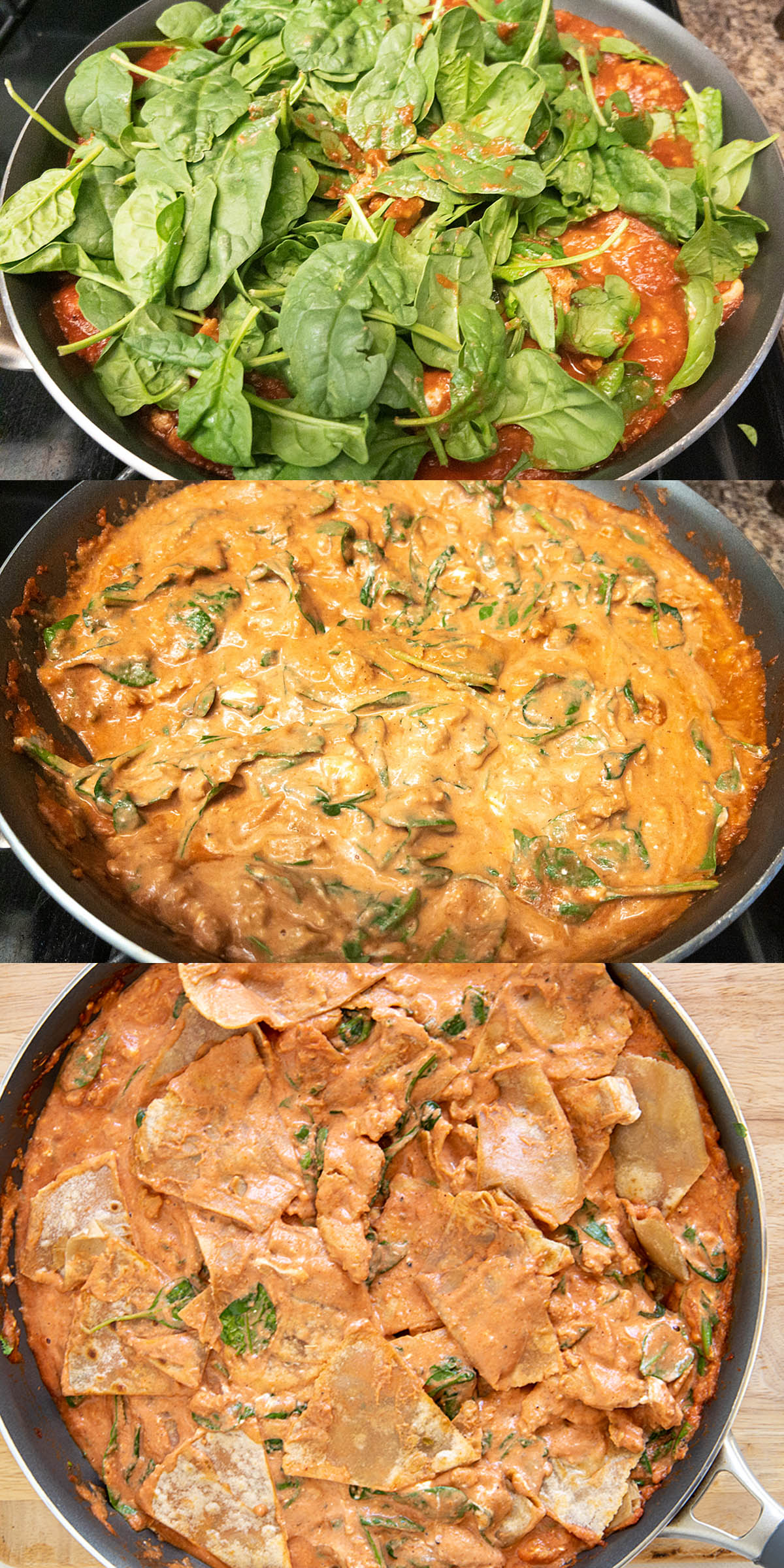 Chilaquiles in a pan at various stages.