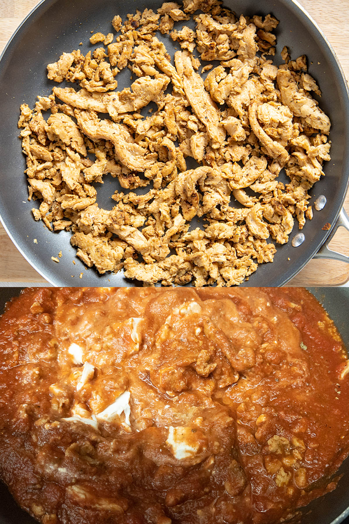 Soy curls in a pan, and with tomato sauce, spices, and vegan cream cheese added.