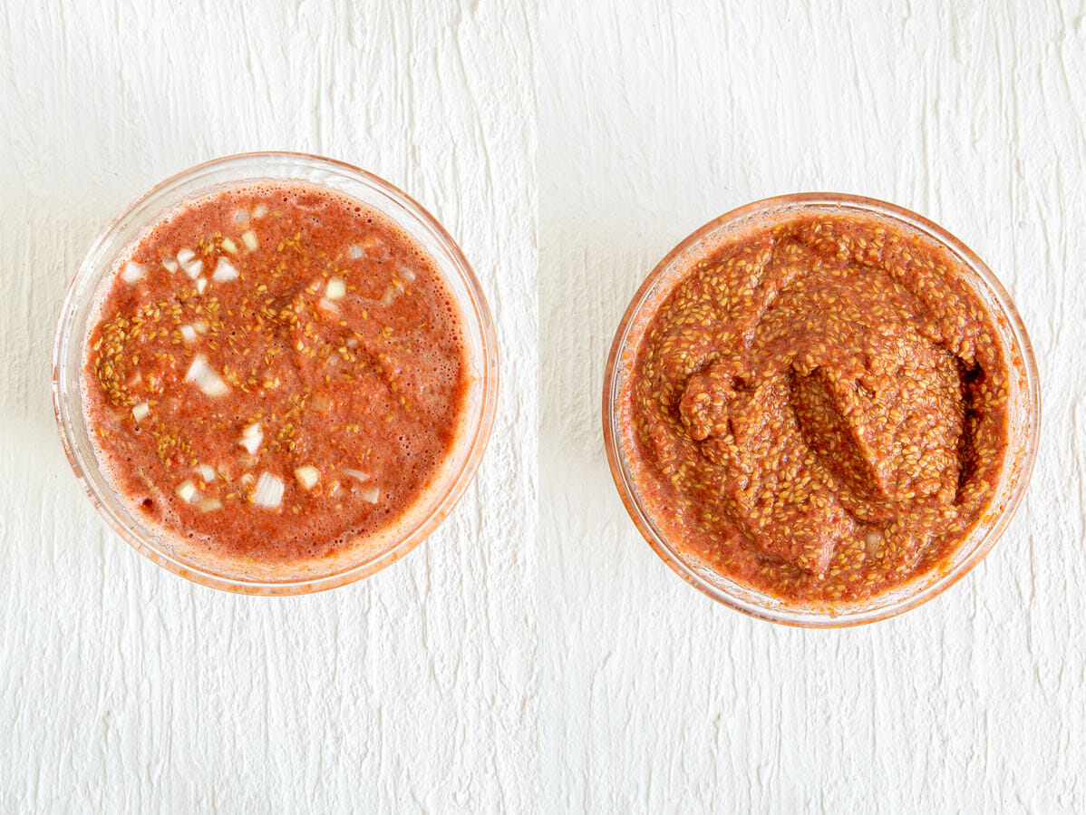 Flaxseeds with tomato onion mixture before and after sitting for an hour.