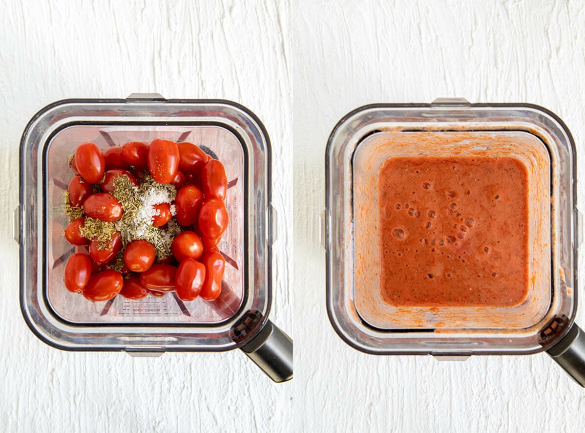 Tomatoes and spices in a blender before and after mixing.