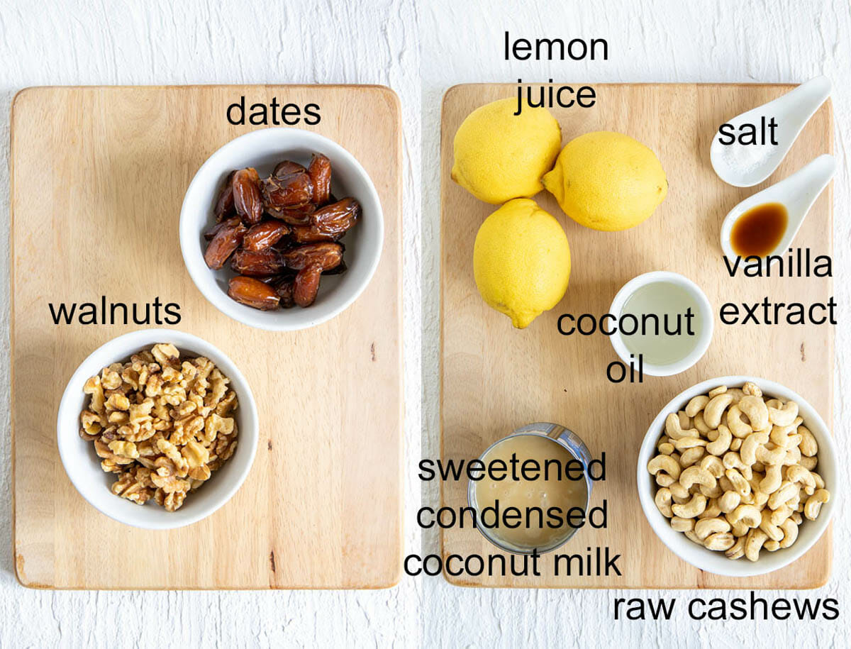 Ingredients for cheesecake and raw pie crust with labels.