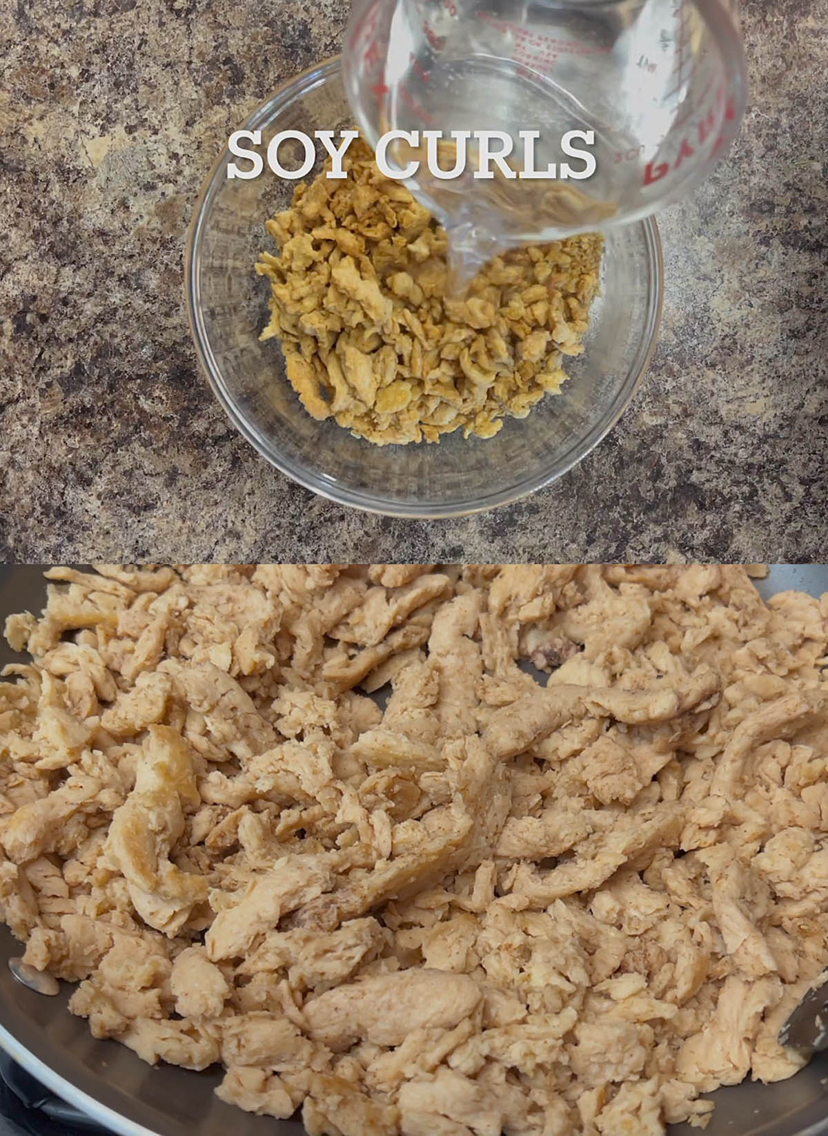 Soy curls soaked in water, then in a skillet with spices.