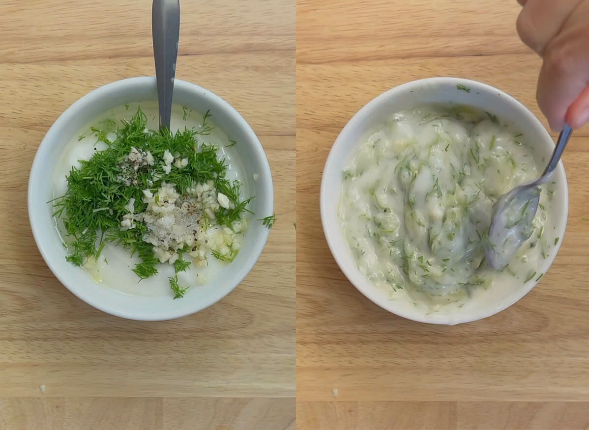 Ingredients for Vegan Tzatziki in a bowl before and after mixing.