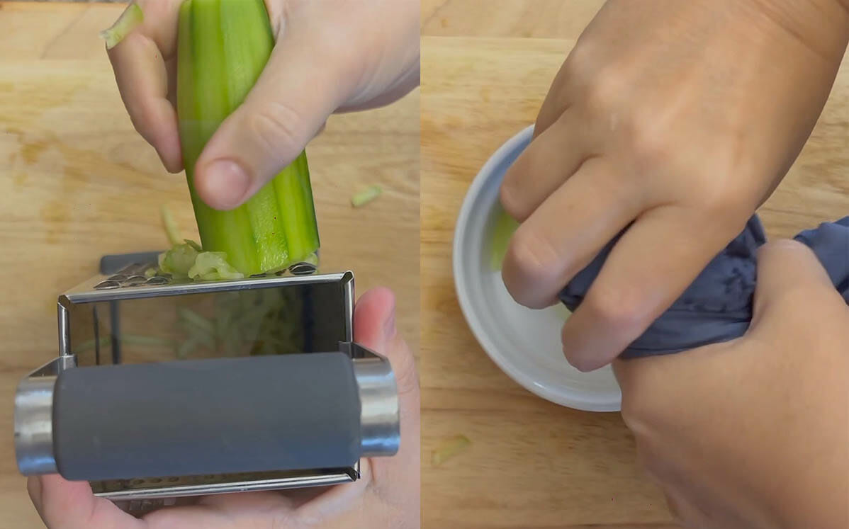 Cucumber being grated and squeezed in a towel.