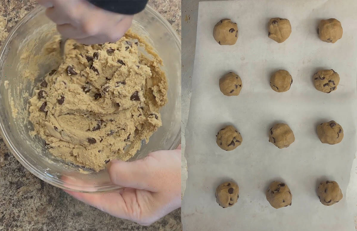 Cookie dough in bowl. Dough formed into balls on a parchment lined baking sheet.
