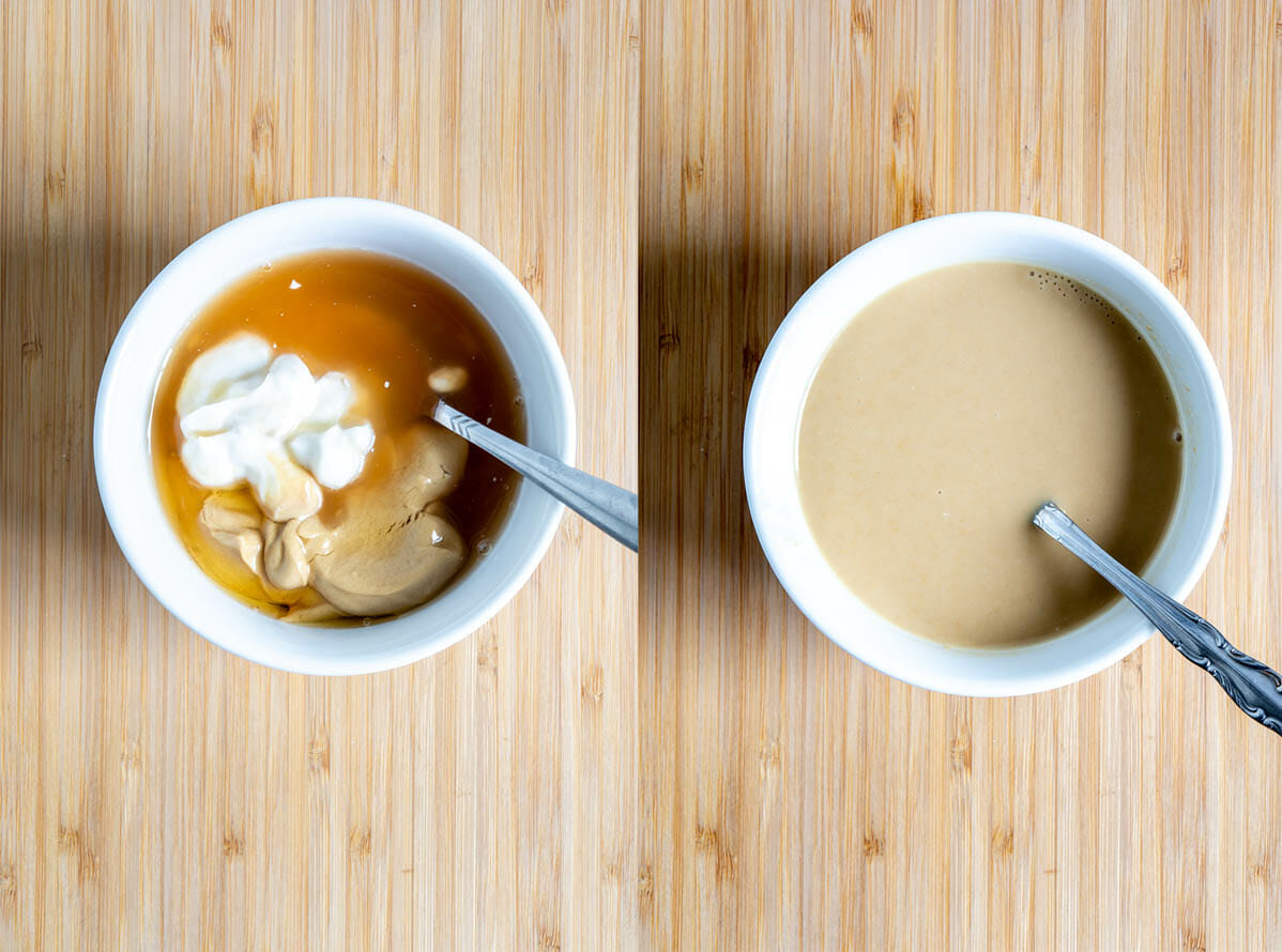 Ingredients in bowl before and after mixing.