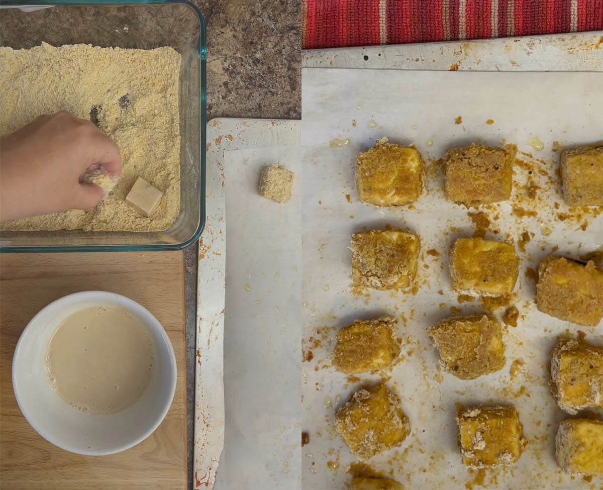 Tofu pieces being dipped into dry mixture, then placed on a parchment paper lined baking sheet.