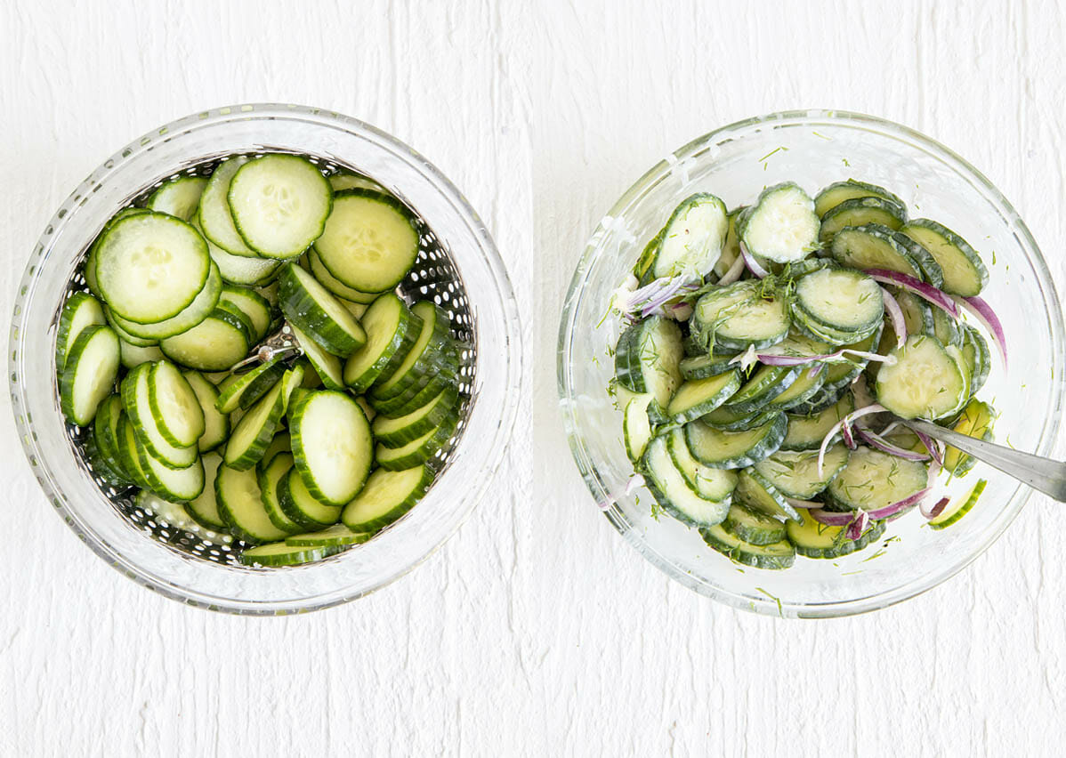 Salted cucumbers in a bowl draining and mixed with the rest of ingredients.