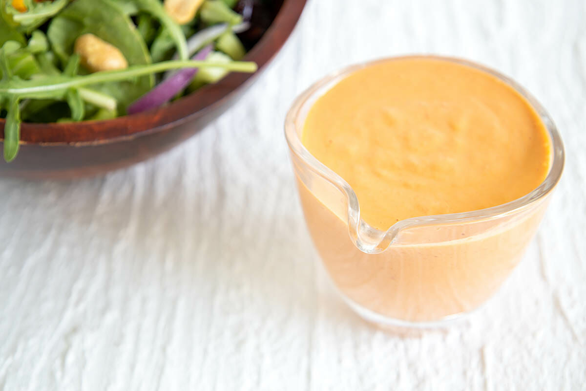 Roasted Red Pepper Tahini Dressing close up.
