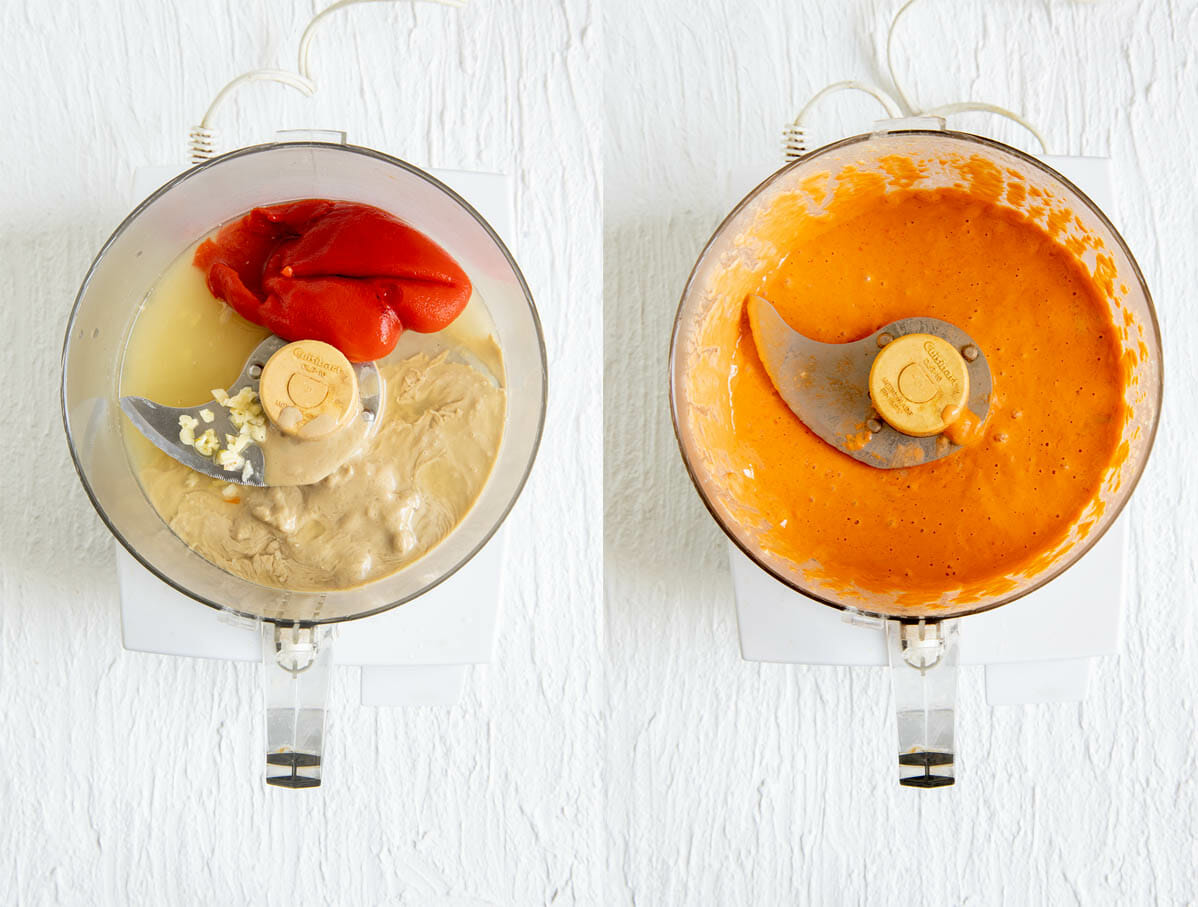 Ingredients for Roasted Red Pepper Tahini Dressing in food processor before and after mixing.