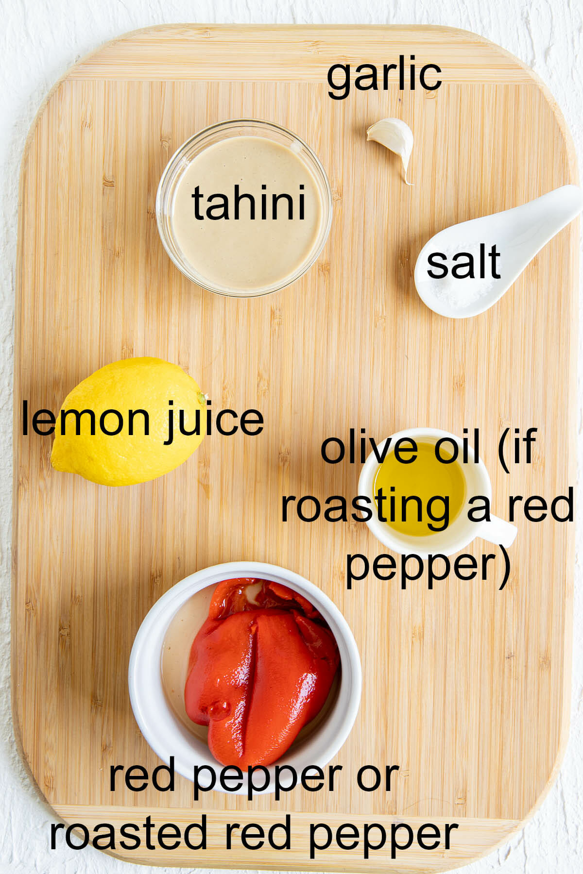 Roasted Red Pepper Tahini Dressing Ingredients with labels.