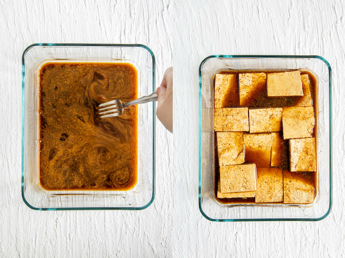 Marinade being whisked ad tofu added for tofu bacon.