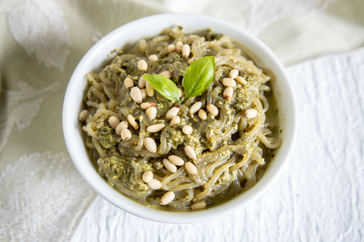 Vegan Pesto Shirataki Noodles in a bowl.