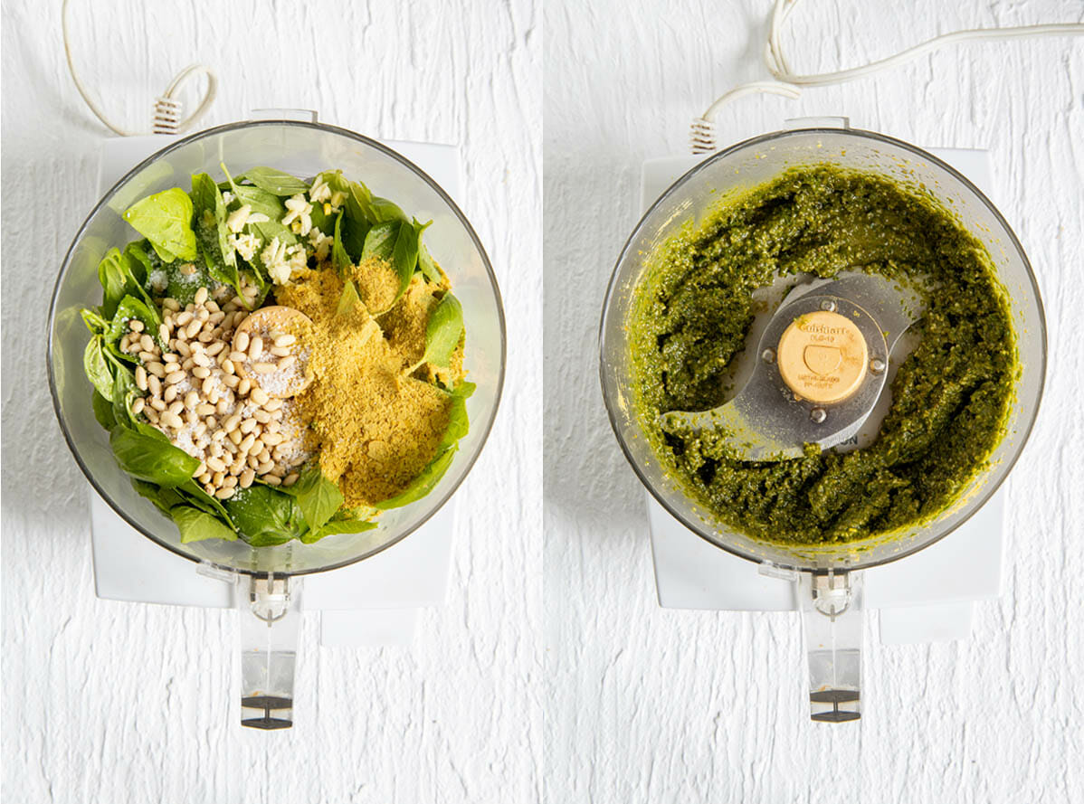 Ingredients in a food processor before and after mixing.