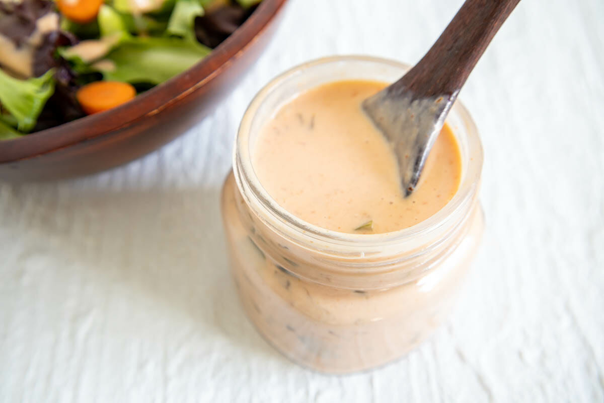 Vegan Thousand Island Dressing with spoon.