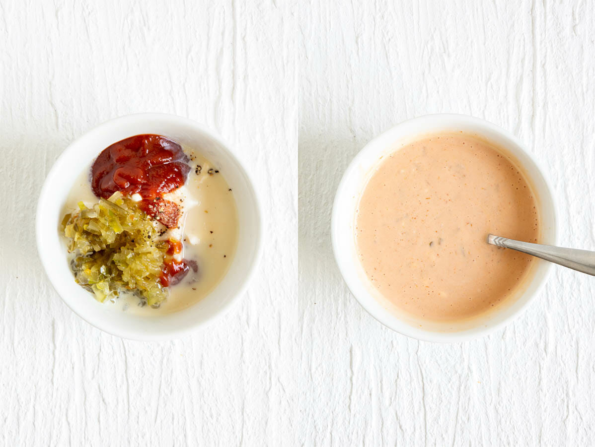 Ingredients in a bowl mixed before and after for Vegan Thousand Island Dressing.