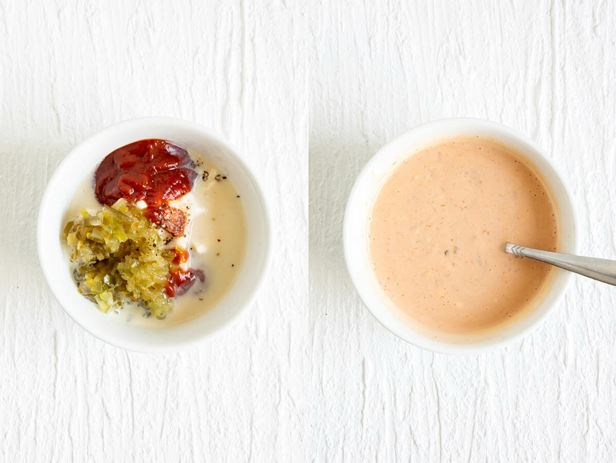 Ingredients in a bowl before being mixed and after.