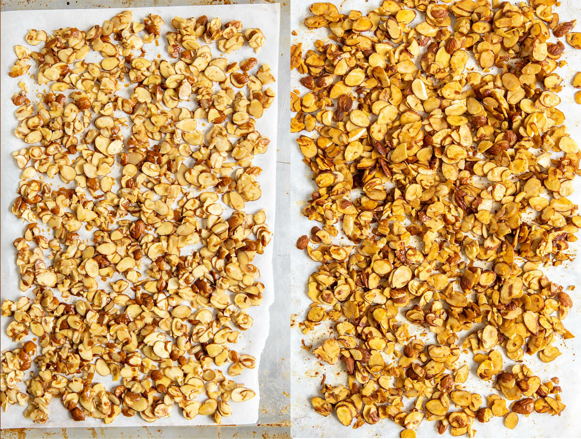 Almond Bacon on a sheet pan before and after baking.