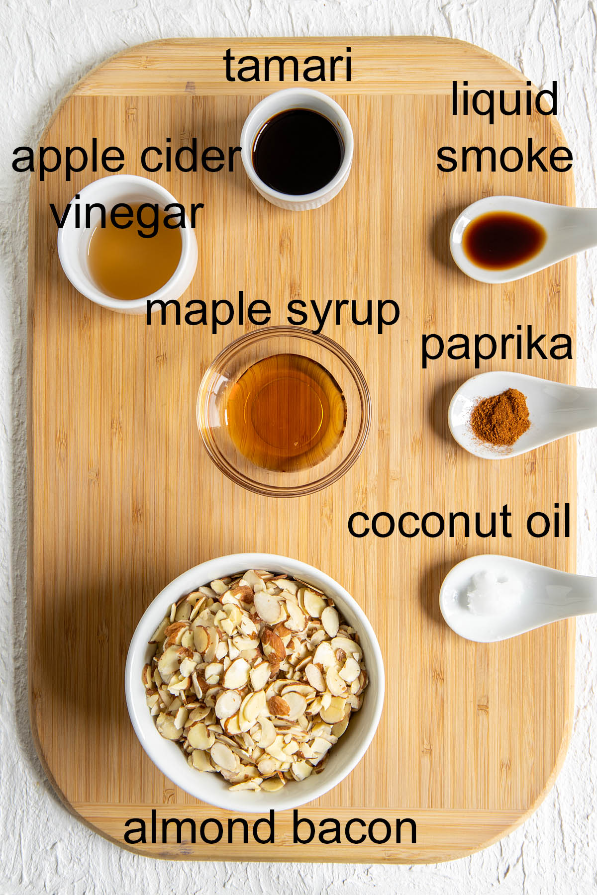 Ingredients on a cutting board with labels.