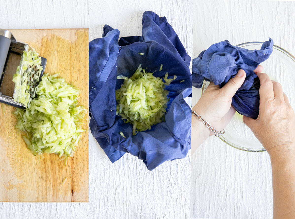 Grated cucumber, then in towel in a bowl, then being squeezed. 