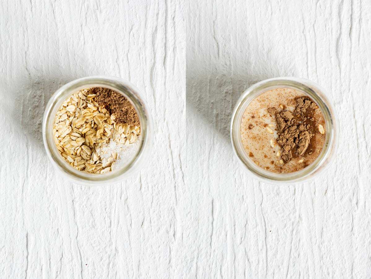 Chai Overnight Oats in a mason jar with ingredients before adding oat milk and after.