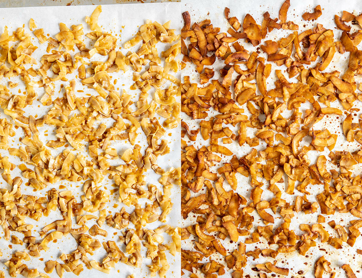 Coconut Bacon on a baking sheetbbefore and after being baked.