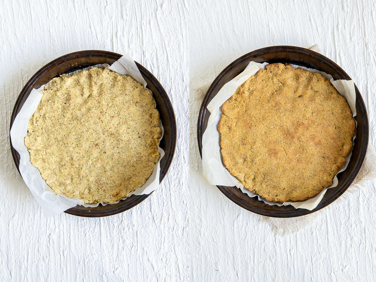 Pizza dough in a parchment paper lined pan and crispy crust after baking.