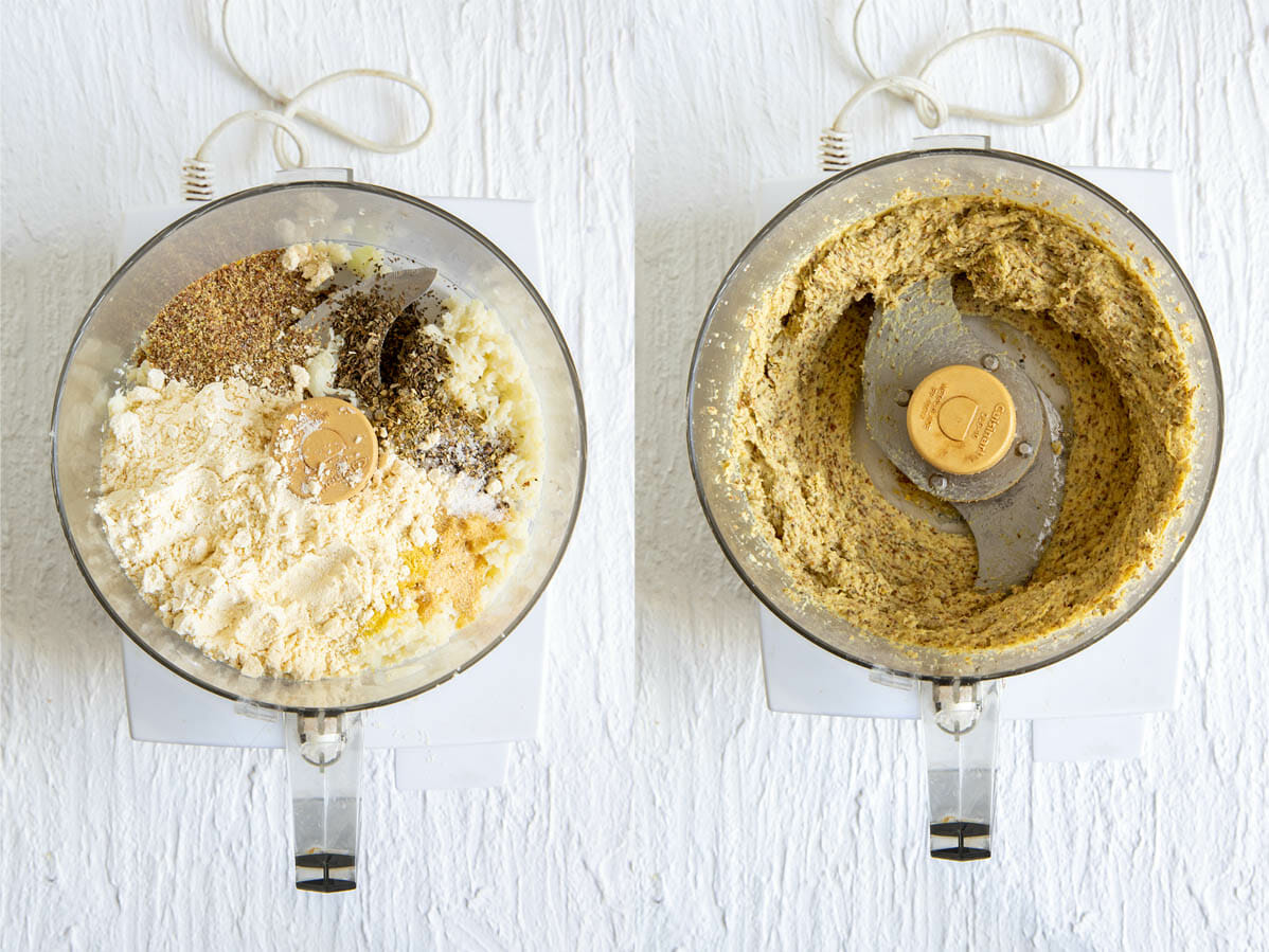 Ingredients for vegan cauliflower pizza dough in a food processor before and after mixing.