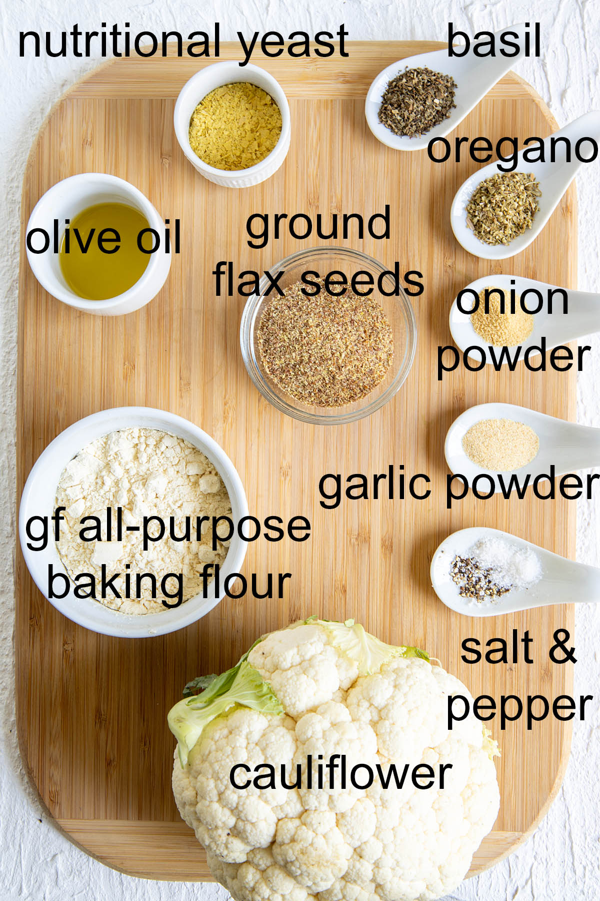 Ingredients for Vegan Cauliflower Pizza Crust with labels.