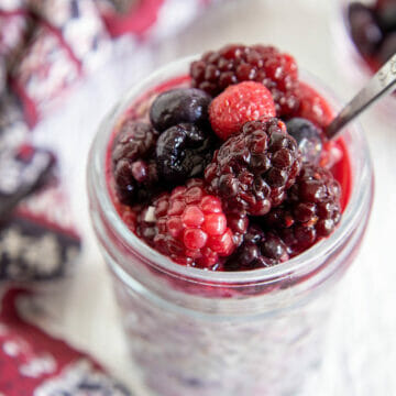 Overnight Oats with Frozen Fruit close up.