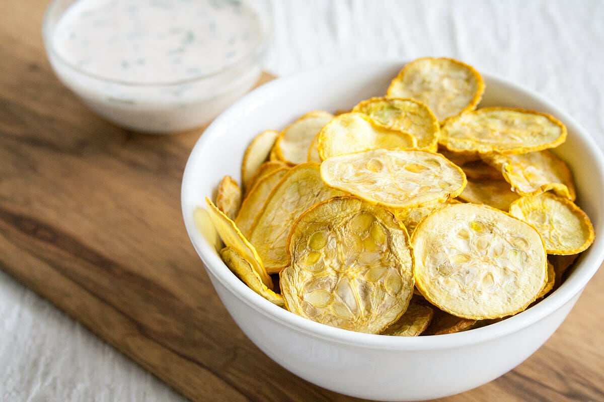 Bowl of Salt and Vinegar Dehydrated Squash Chips.