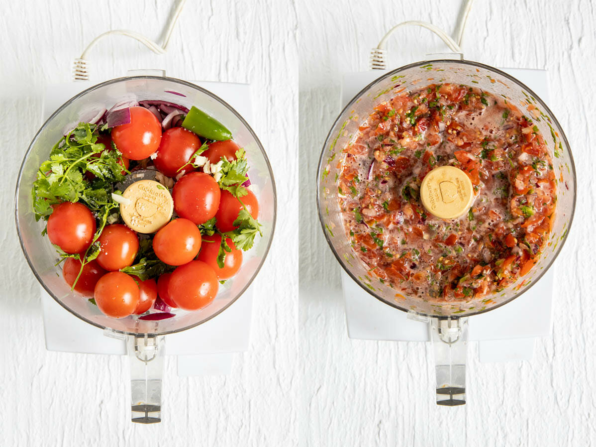 Salsa ingredients in a food processor before and after mixing,