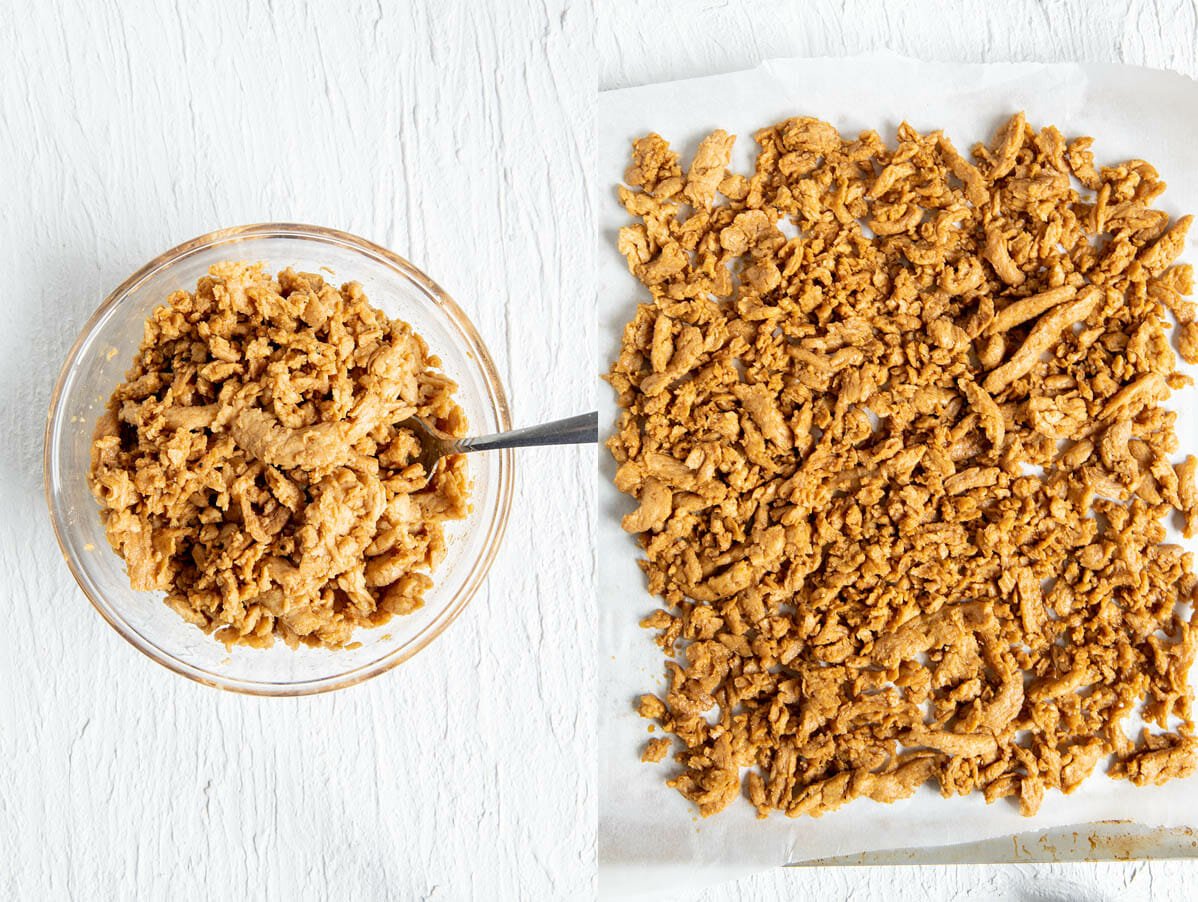 Soy Curls in a bowl with marinade, then spread on a sheet pan.