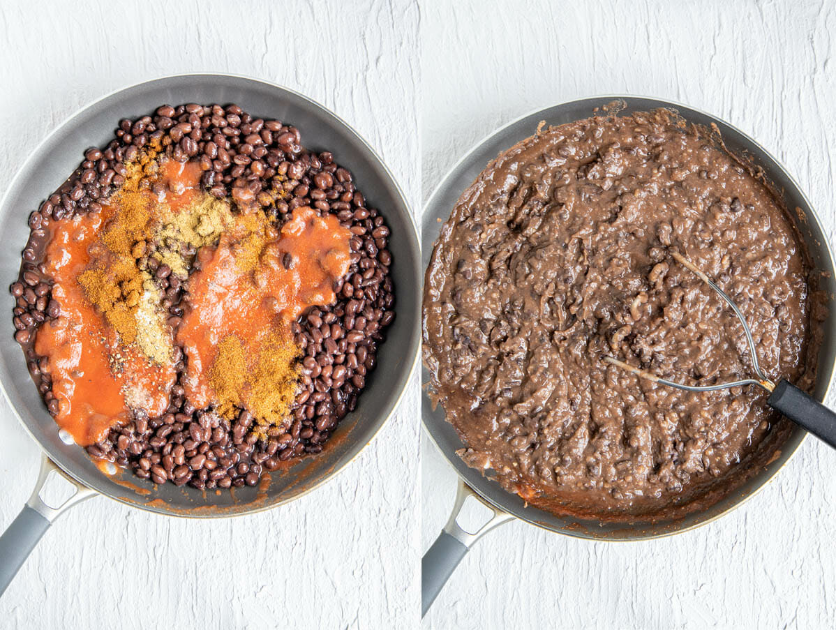 Black beans, tomato sauce, and spices in a skillet before and after cooking.