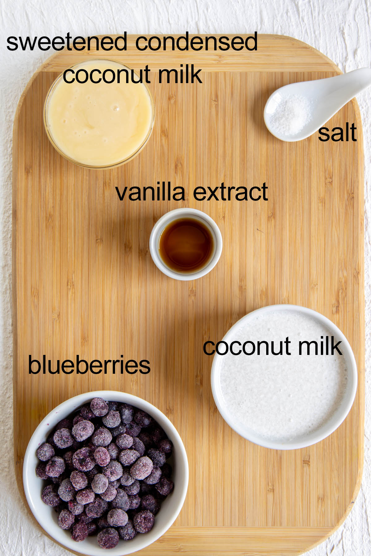 Ingredients on a cutting board with labels.