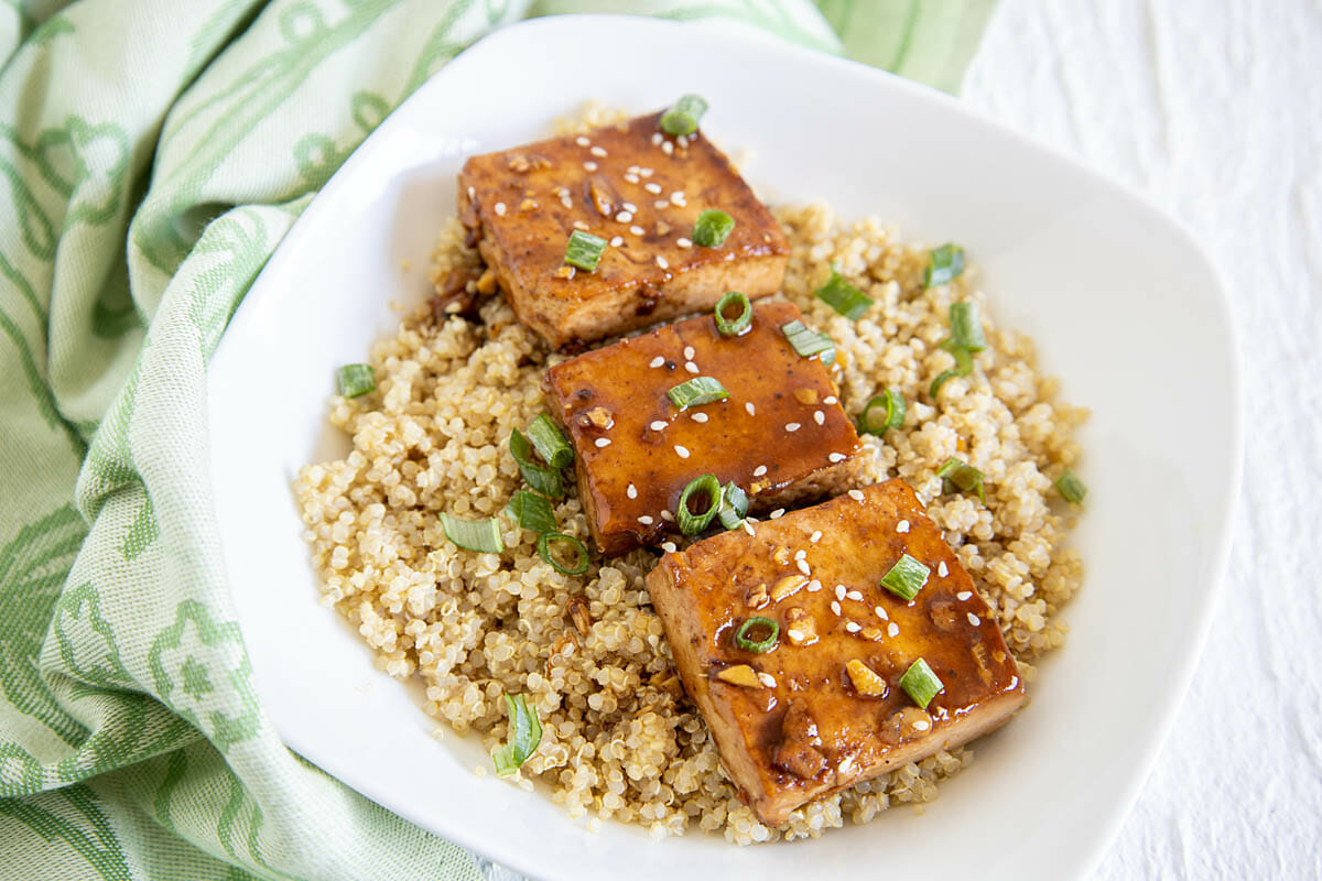 Ginger Hoisin Tofu in a bowl with quinoa.