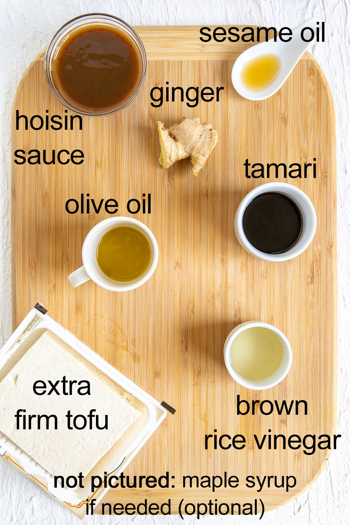 Ingredients on a cutting board with labels.