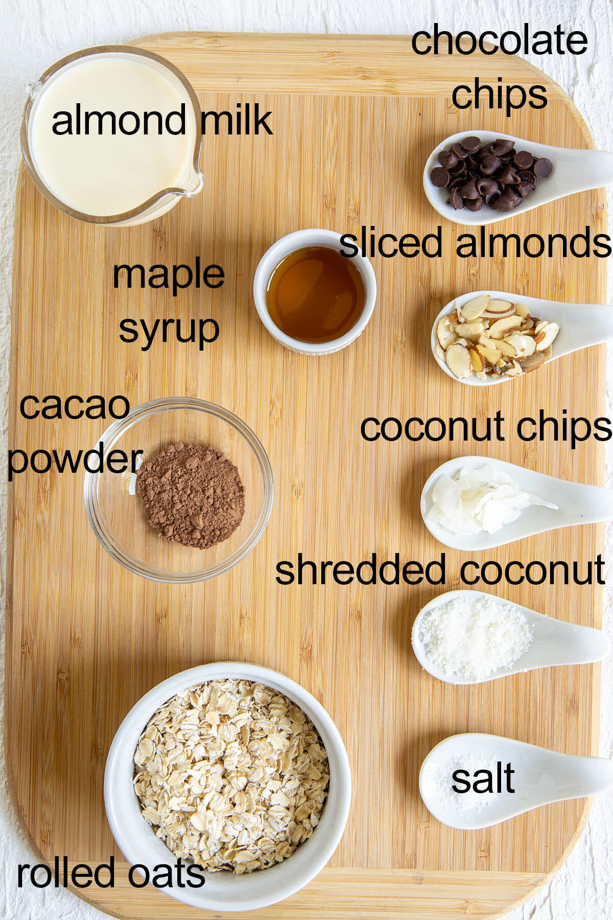 Ingredients on a cutting board with labels.