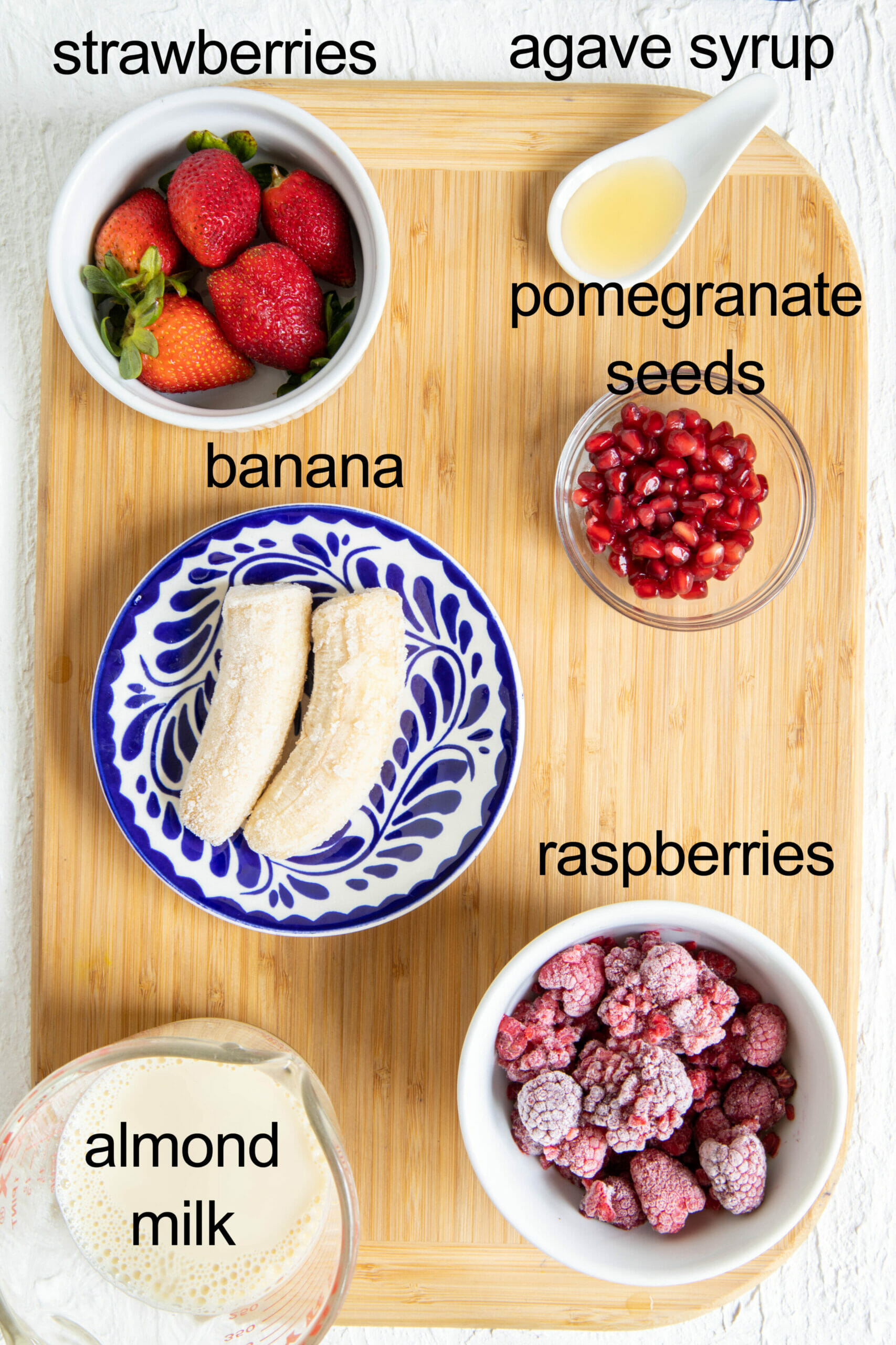 Ingredients on a cutting board with labels.