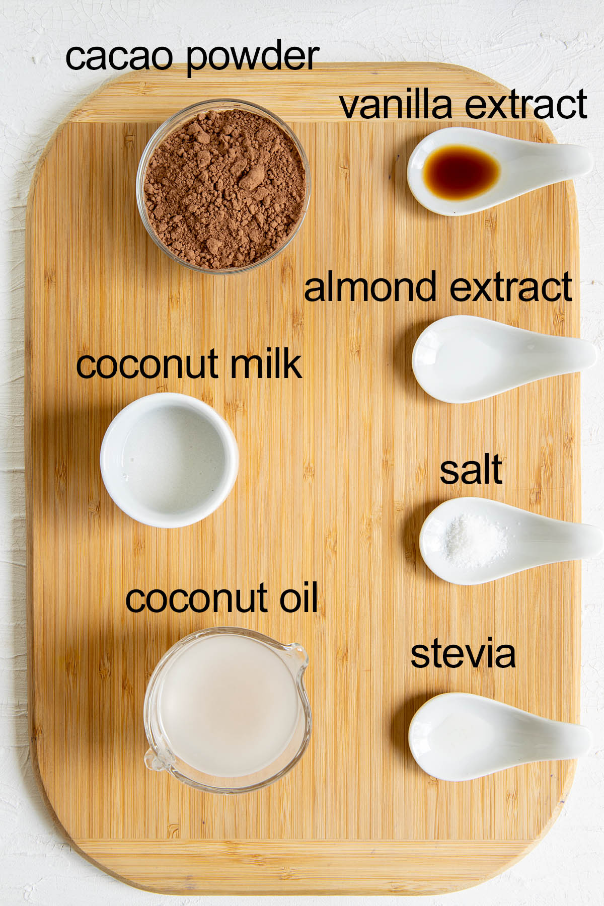 Ingredients on a cutting board with labels.