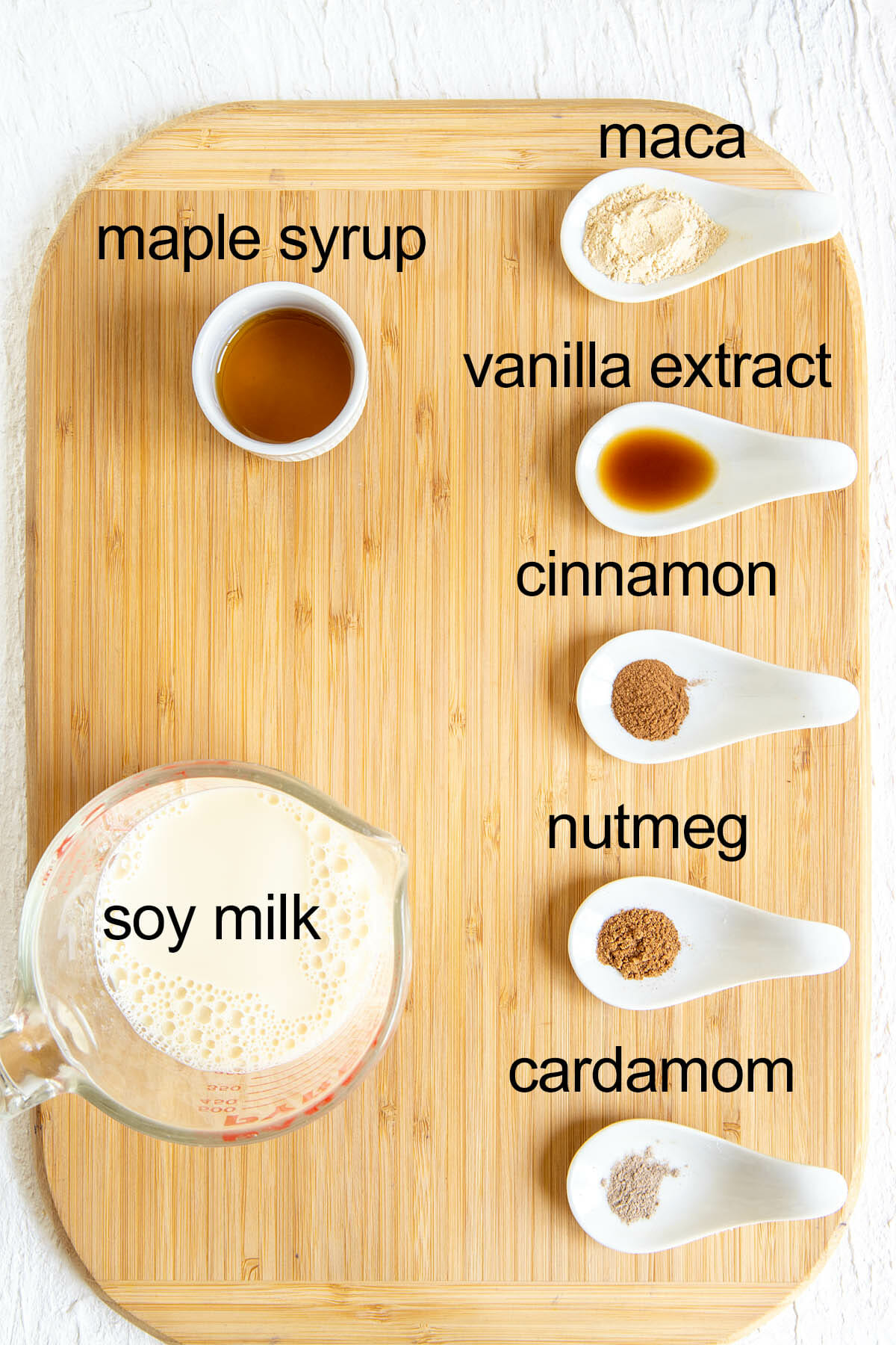 Ingredients on a cutting board with labels.